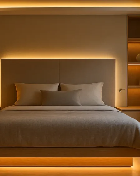 quarto moderno iluminacao led fita Quarto moderno com iluminação indireta de fita de LED atrás da cabeceira, sancas no teto, sob a cama e prateleiras