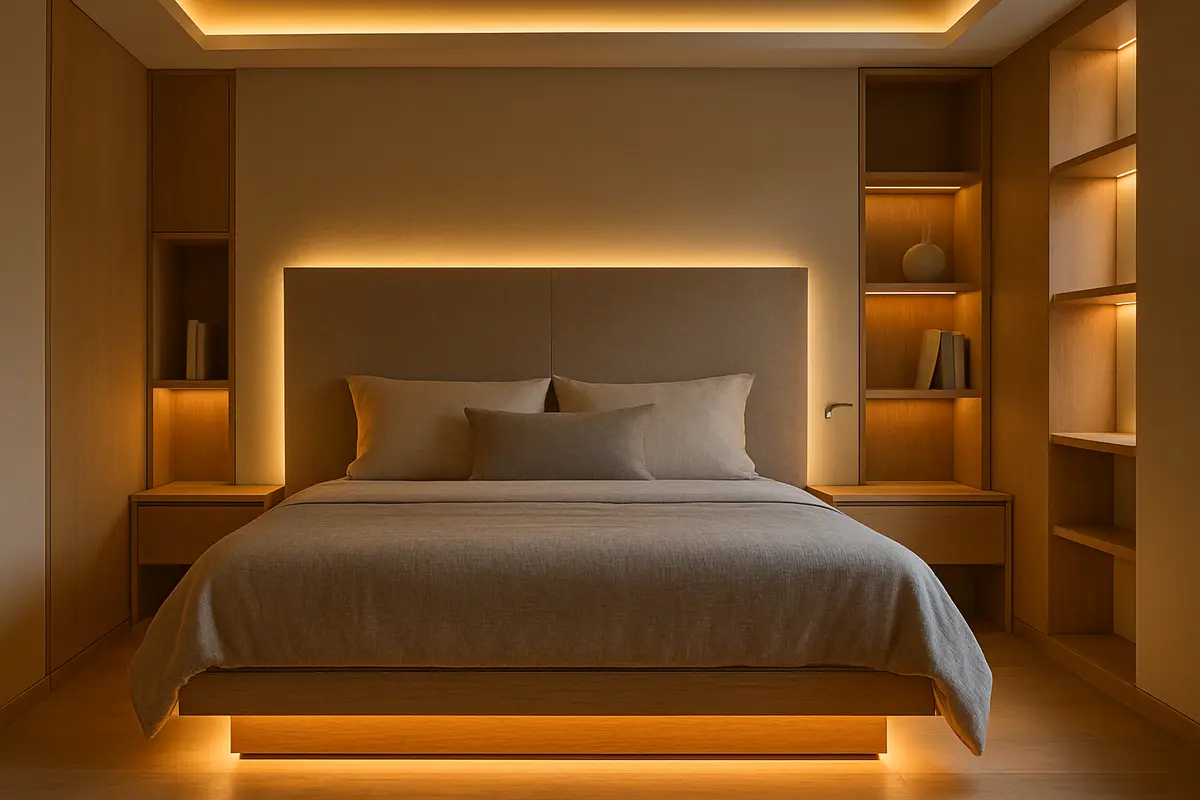 quarto moderno iluminacao led fita Quarto moderno com iluminação indireta de fita de LED atrás da cabeceira, sancas no teto, sob a cama e prateleiras