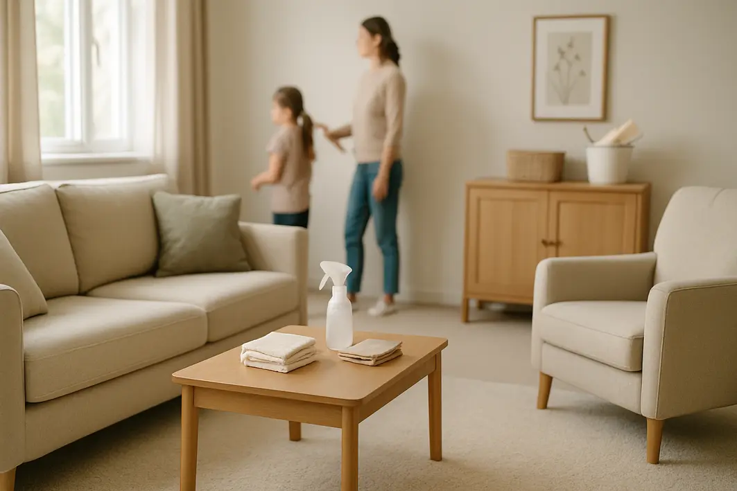 Ambiente interno de quarto com móveis de madeira, carpete e tecidos limpos, pessoas desfocadas ao fundo