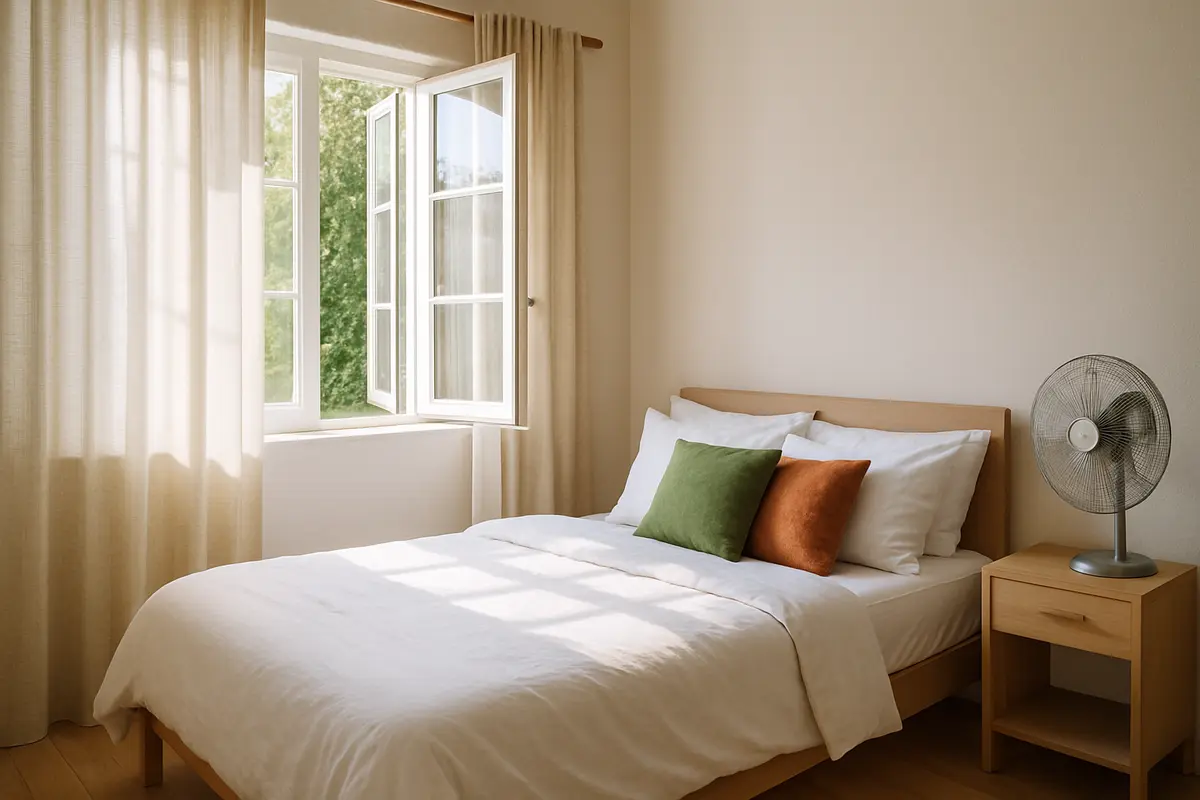 quarto ventilado limpeza mofo Quarto bem ventilado com janelas abertas, cortinas de algodao texturizadas e moveis de madeira limpa