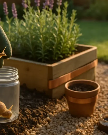 quintal controle natural caramujos Mão com luva de jardinagem recolhendo caramujo para frasco transparente em quintal com lavanda e alecrim