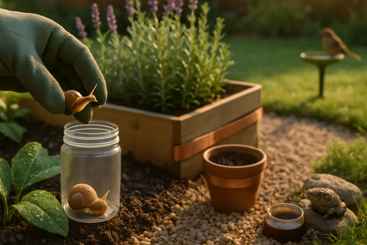 quintal controle natural caramujos Mão com luva de jardinagem recolhendo caramujo para frasco transparente em quintal com lavanda e alecrim