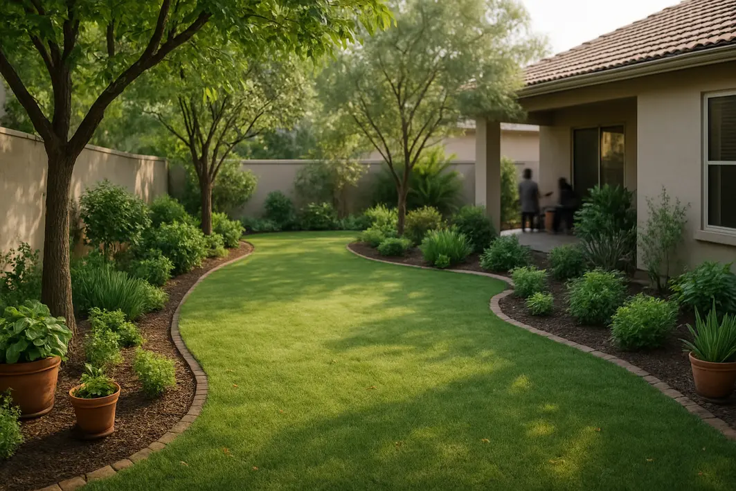 Quintal residencial amplo com área verde cuidada, canteiros e vasos distribuídos, luz natural de manhã, chão com sombras e folhas