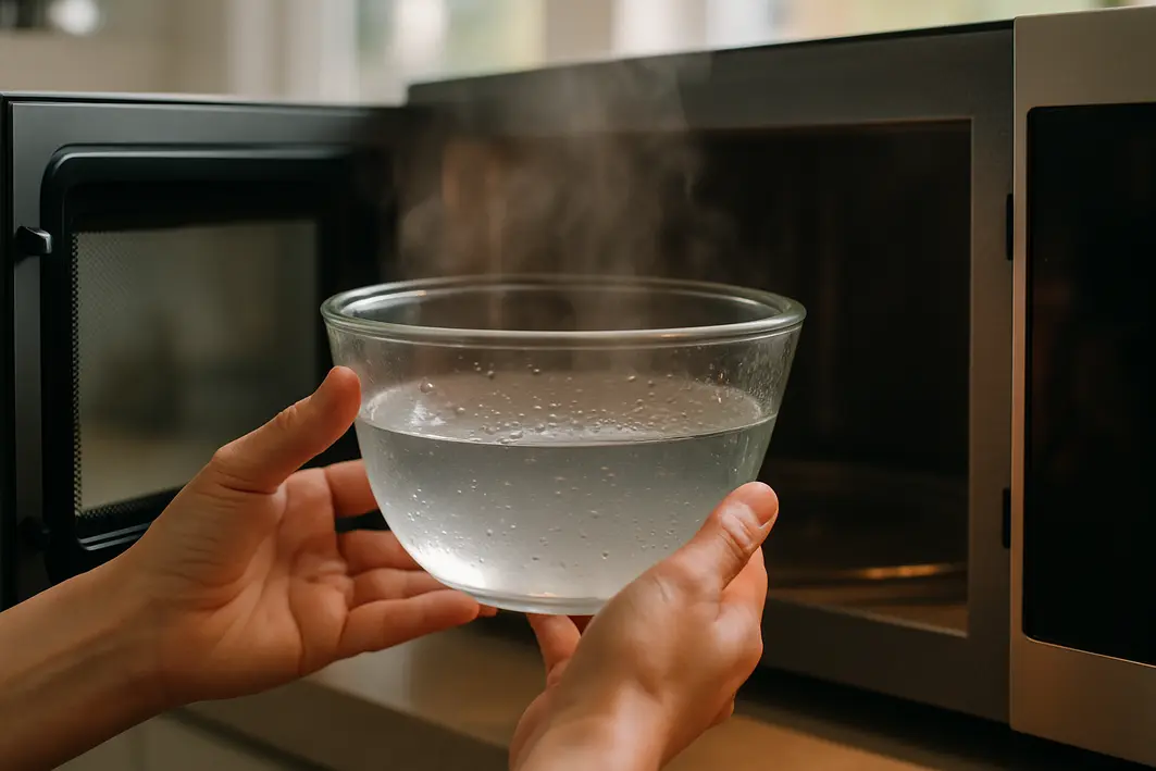 Mãos segurando recipiente de vidro com mistura de vinagre branco e água dentro do micro-ondas aberto