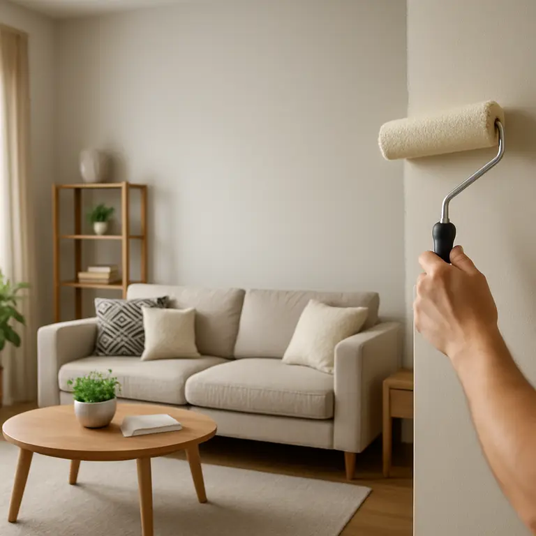 Sala moderna com decoração renovada e móveis claros