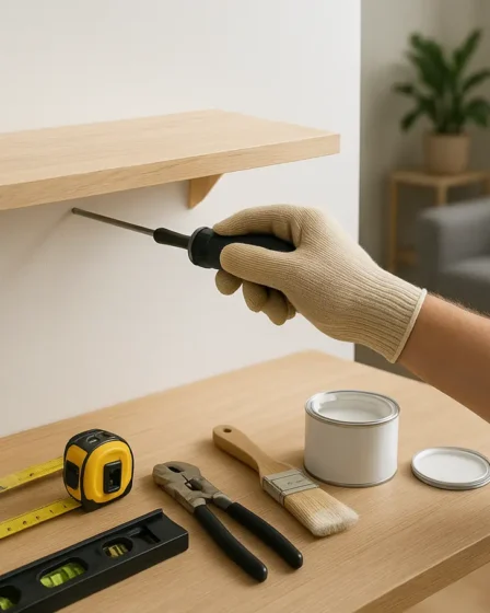 reformas praticas casa instalacao prateleira Ambiente moderno durante reforma prática com mãos instalando prateleira de madeira clara em parede branca