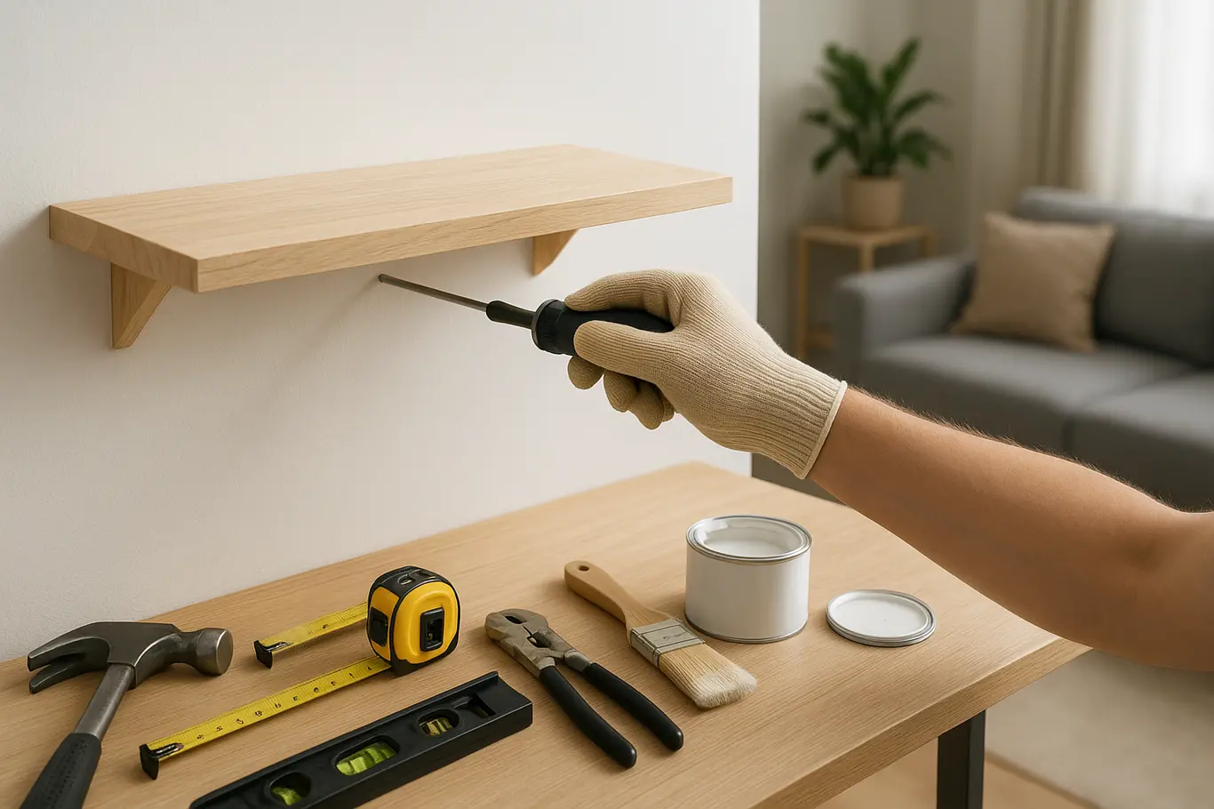 reformas praticas casa instalacao prateleira Ambiente moderno durante reforma prática com mãos instalando prateleira de madeira clara em parede branca