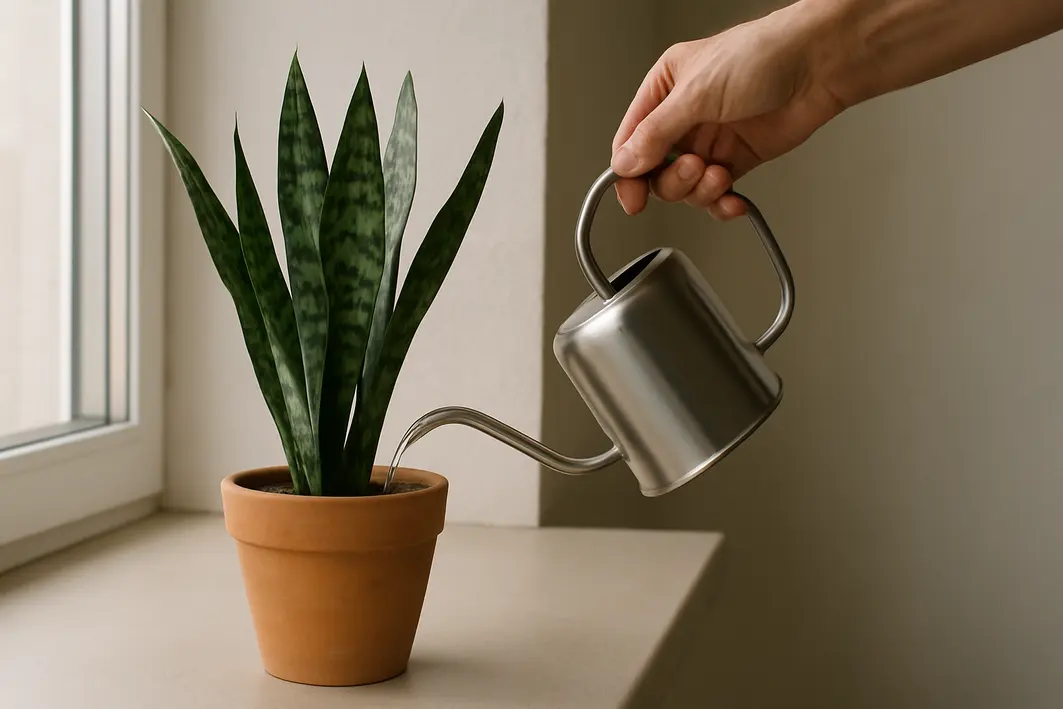 Mão adulta regando planta espada de são jorge em vaso de cerâmica em ambiente interno