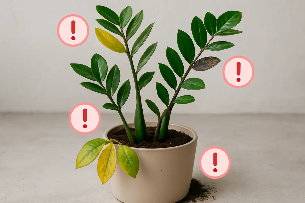 regando zamioculca vaso ceramica Mão adulta regando uma zamioculca com folhas verdes brilhantes em vaso de cerâmica sobre bancada de madeira