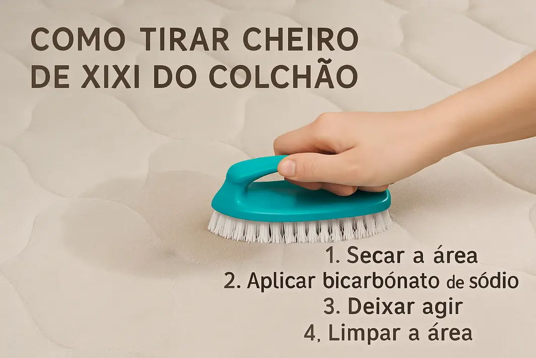 Pessoa aplicando mistura caseira com borrifador na mancha de urina em colchao claro