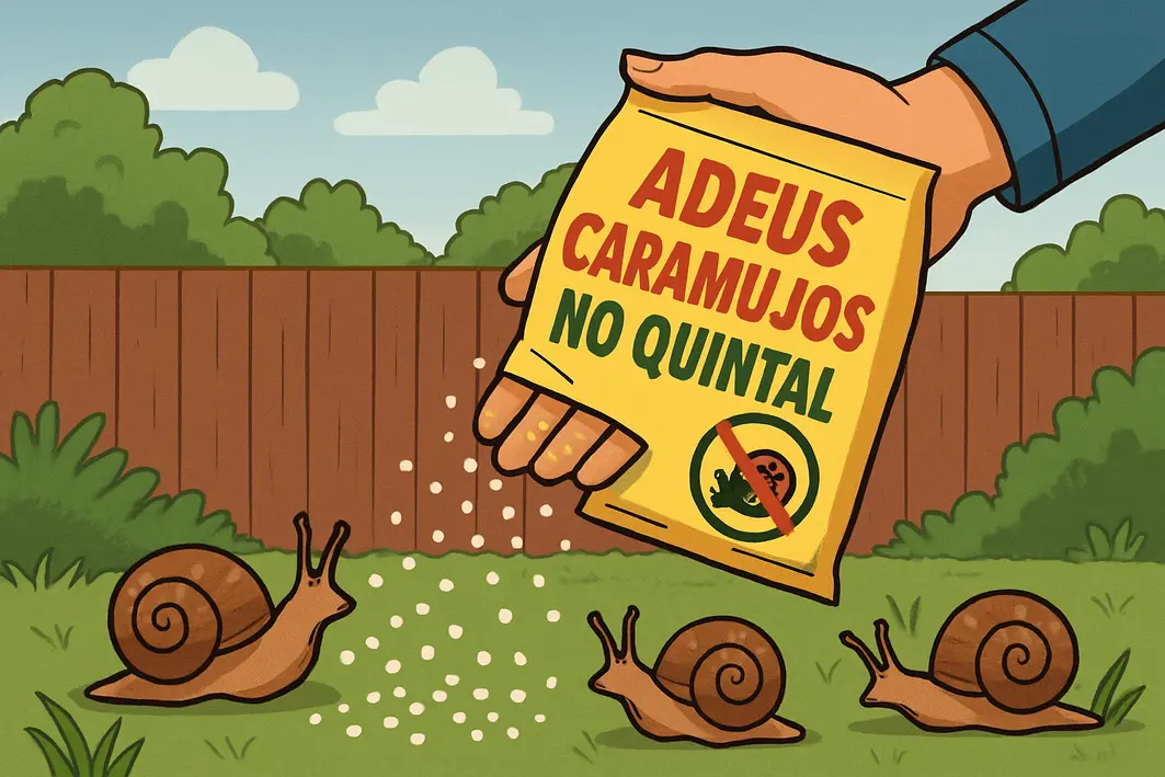 Mãos humanas removendo caramujos do chão úmido em jardim com folhas verdes e flores