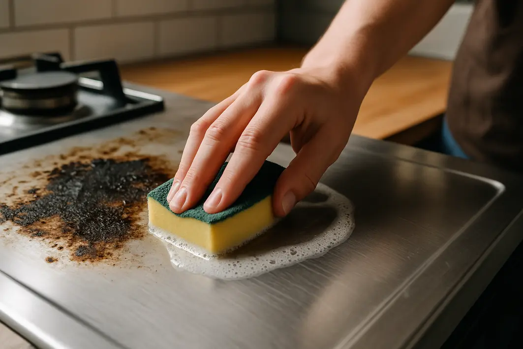 Mão segurando esponja macia aplicando solução de limpeza em fogão inox escovado com gordura queimada visível