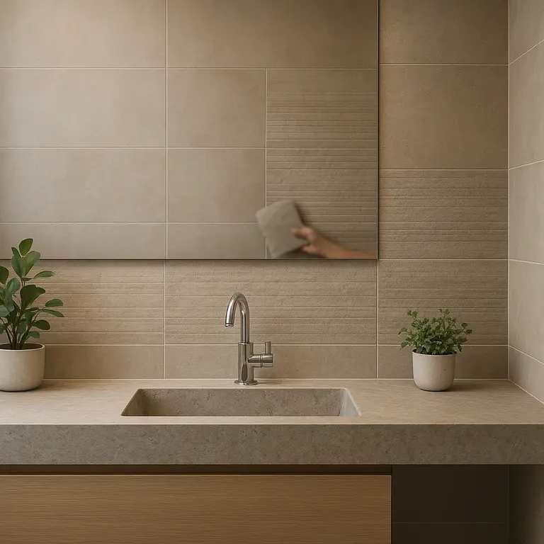 Banheiro decorado com revestimentos modernos em parede e piso