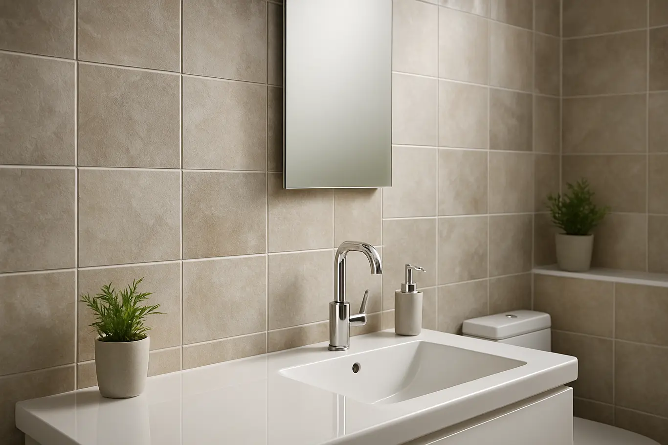 revestimentos para banheiros azulejos modernos Banheiro com revestimentos de azulejos modernos nas paredes, bancada branca de porcelana, torneiras cromadas e plantas decorativas