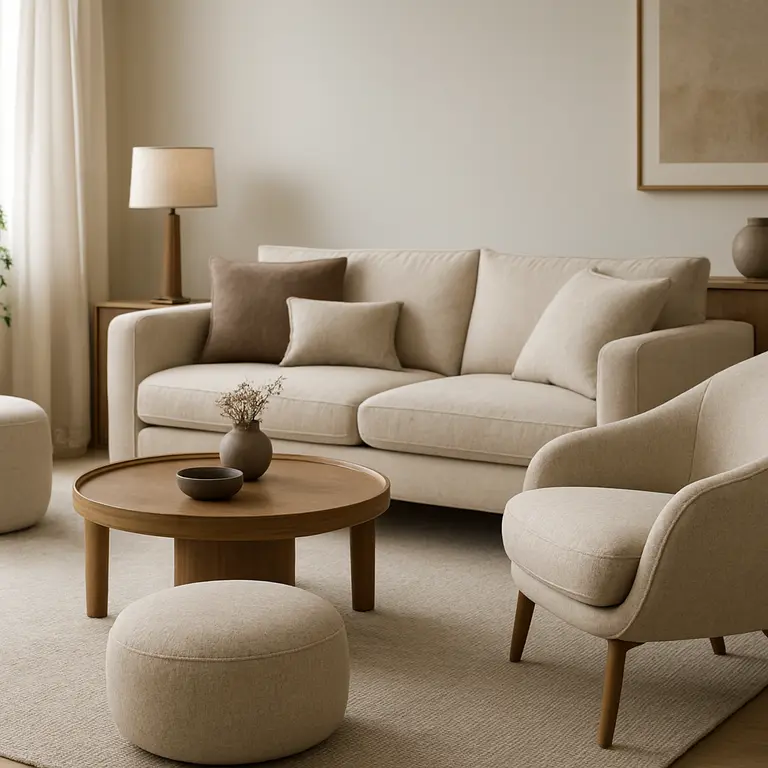 Sala de estar aconchegante com sofá de linho, poltrona e iluminação suave