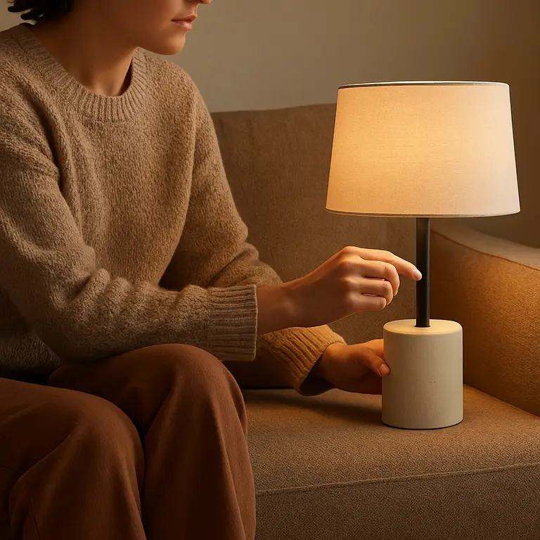 Pessoa sentada em sofá de tecido macio em tons terrosos ajustando abajur moderno com iluminação natural