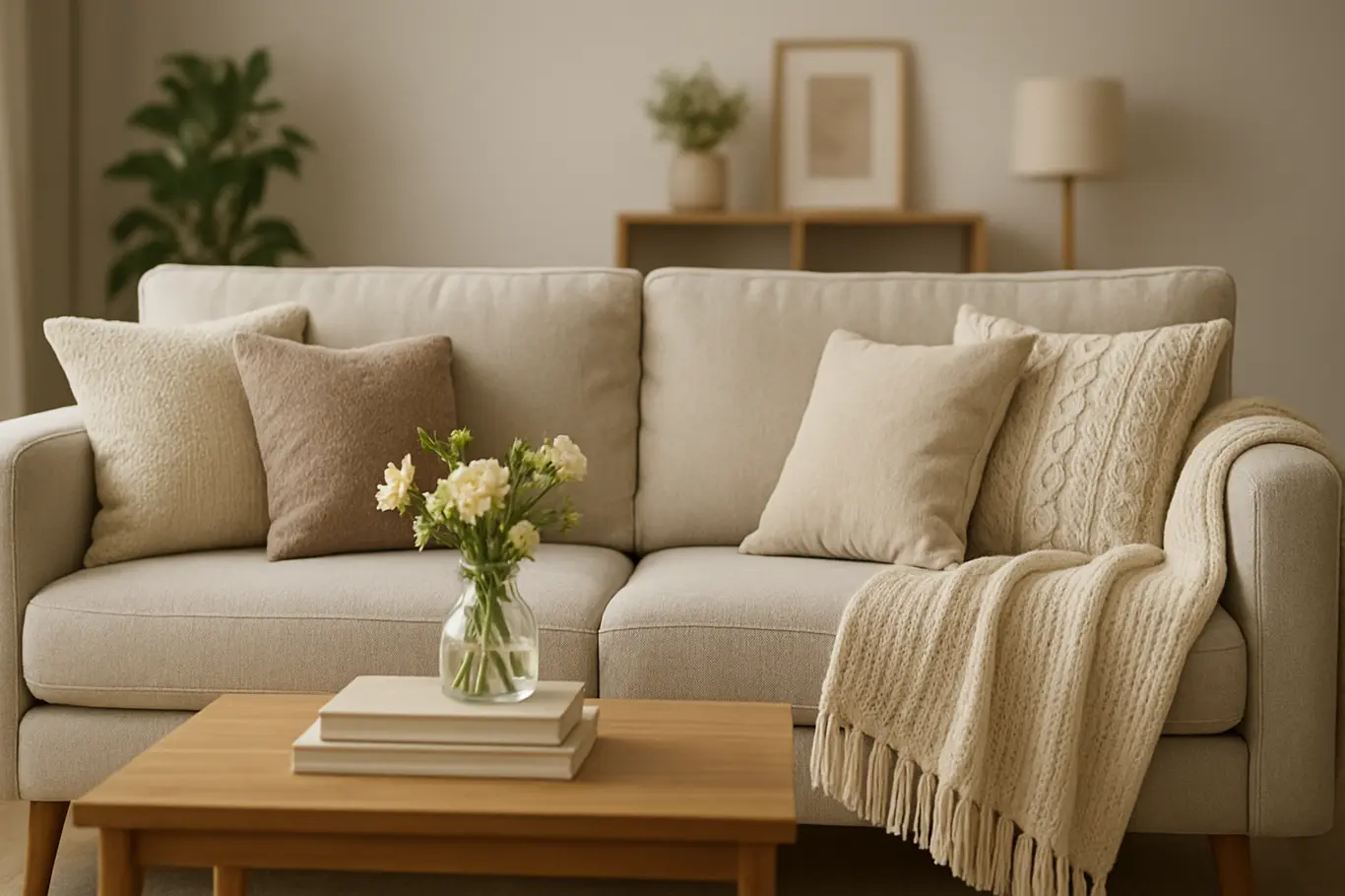 sala aconchegante sofa almofadas manta Sala aconchegante com sofá de tecido neutro, almofadas texturizadas e manta dobrada sobre mesa de centro com livros e vaso de flores