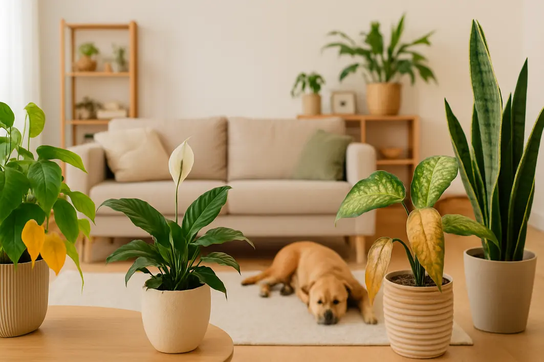 Sala de estar ampla com várias plantas domésticas saudáveis e algumas folhas amareladas, com pet descansando ao fundo em tapete