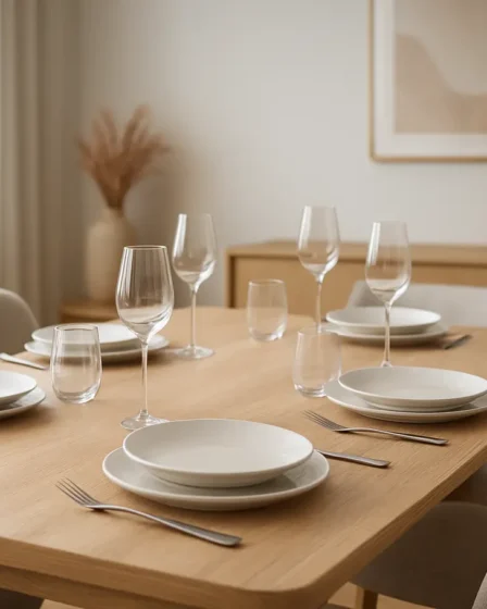 sala de jantar moderna elegante 1 Sala de jantar moderna com mesa de madeira clara e cadeiras estofadas em tons neutros