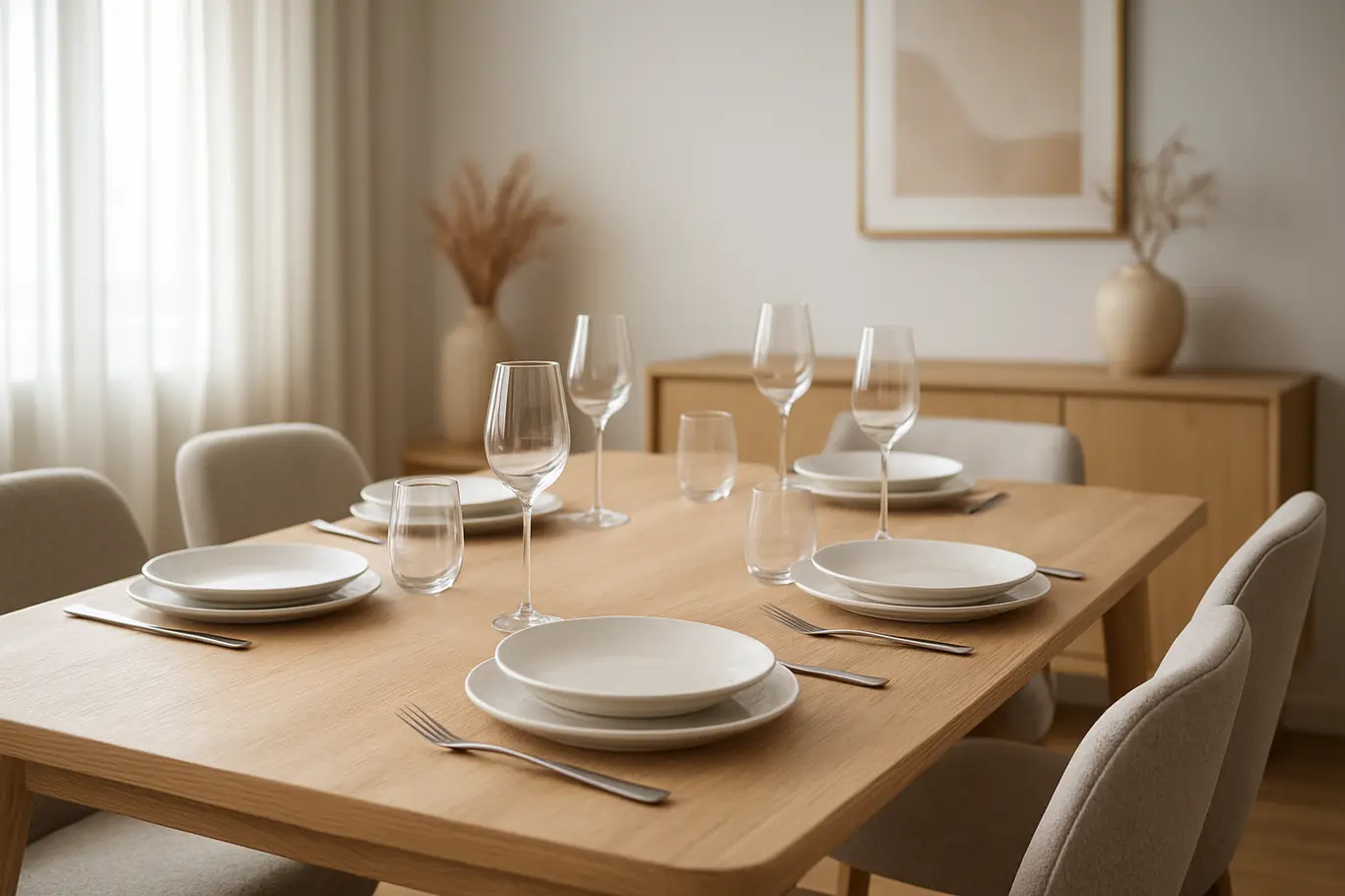 sala de jantar moderna elegante 1 Sala de jantar moderna com mesa de madeira clara e cadeiras estofadas em tons neutros