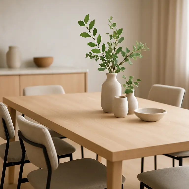 Sala de jantar moderna com mesa de madeira clara, cadeiras estofadas em metal fosco e decoração minimalista com vasos de cerâmica e folhagens verdes