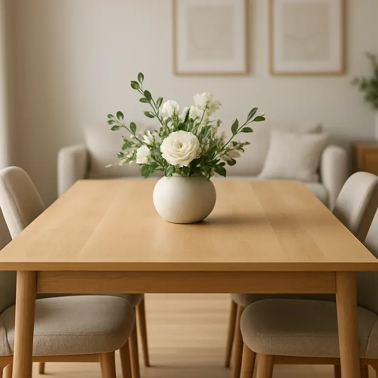 Sala de jantar moderna com mesa de madeira e cadeiras estofadas