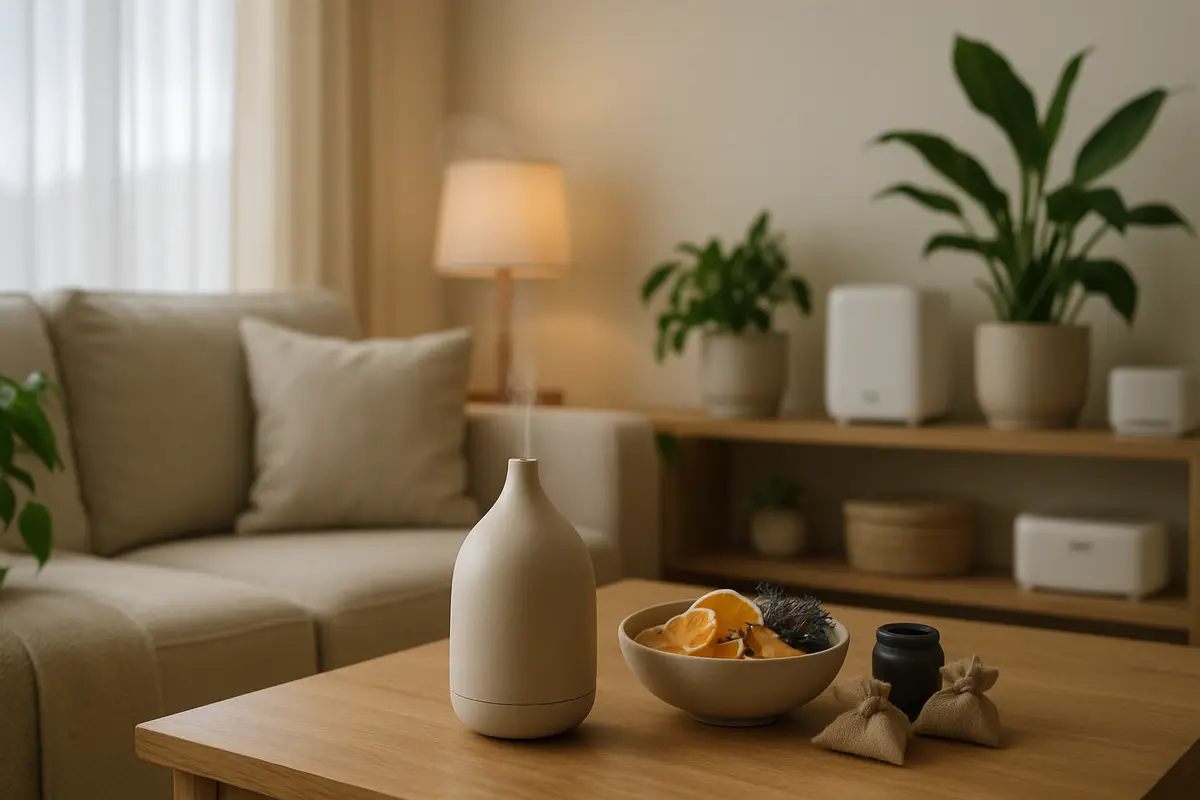 sala estar aconchegante aromas naturais Sala de estar moderna aconchegante com janelas fechadas e difusor cerâmico emitindo névoa