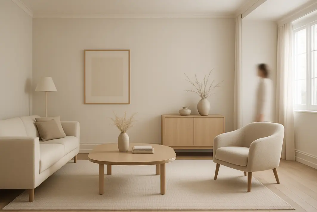 Sala de estar ampla com decoração minimalista em tons neutros, móveis simples e sofisticados, rodapés retos e luz natural