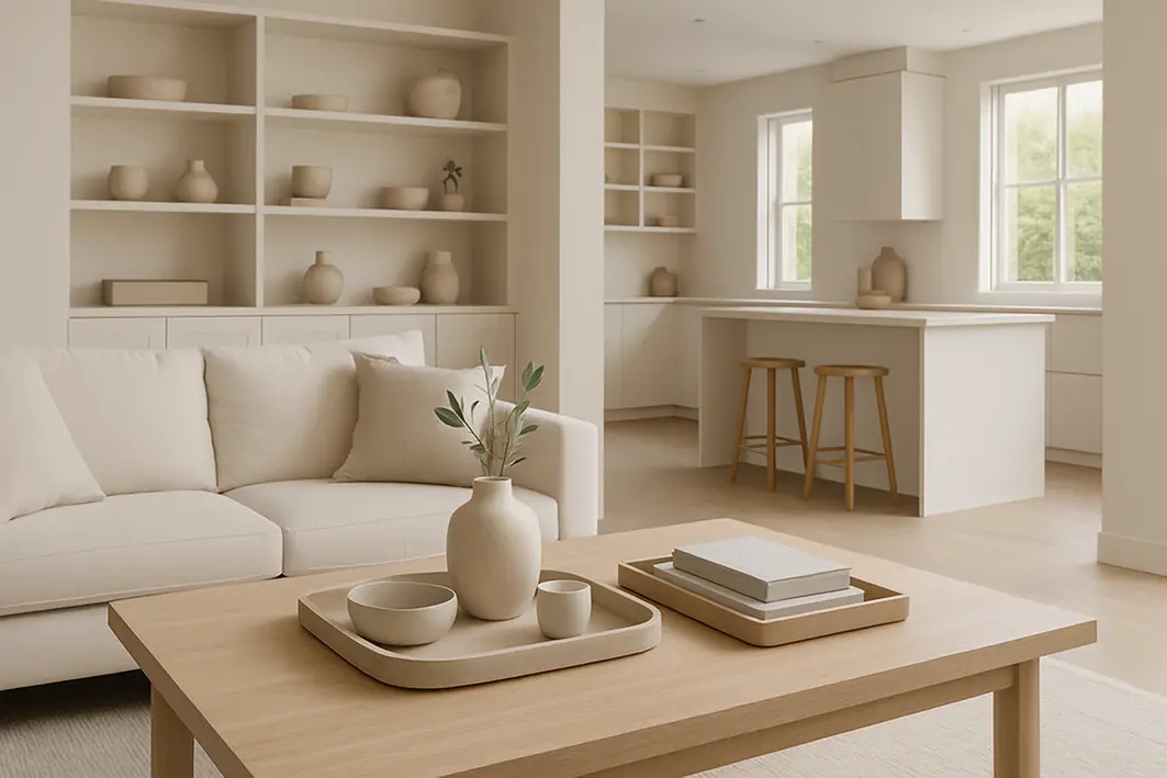 Sala de estar ampla iluminada com mesa de centro e bancada integradas decoradas com bandejas elegantes organizando livros e objetos