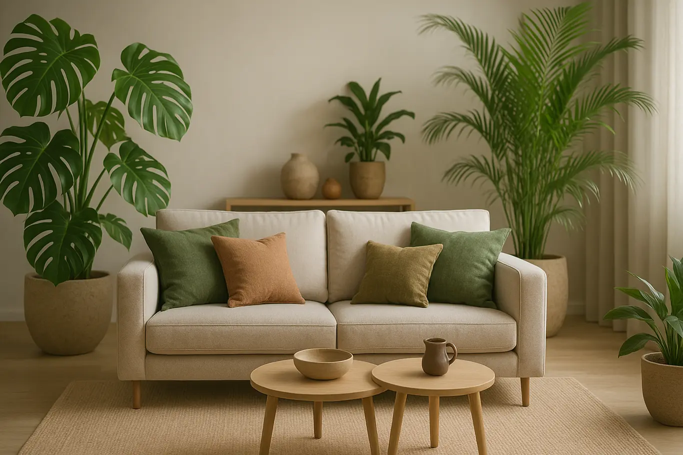 sala estar decoracao tropical moderna Sala de estar tropical moderna com móveis minimalistas e plantas exuberantes