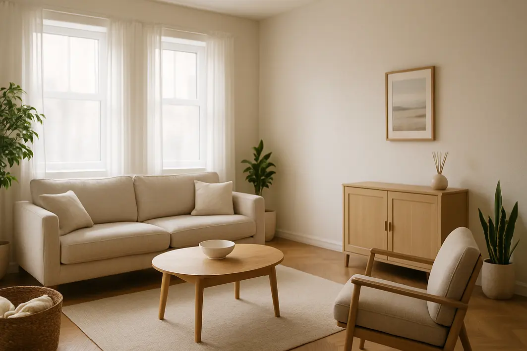 Sala de estar ampla e organizada com janelas fechadas, difusor de aromas em aparador e plantas saudaveis