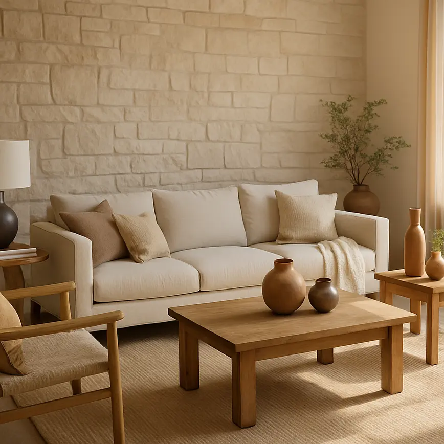 Sala de estar ampla decorada com parede de pedra clara, móveis de madeira natural, almofadas e mantas em tecidos orgânicos neutros, vasos cerâmicos e elementos metálicos foscos