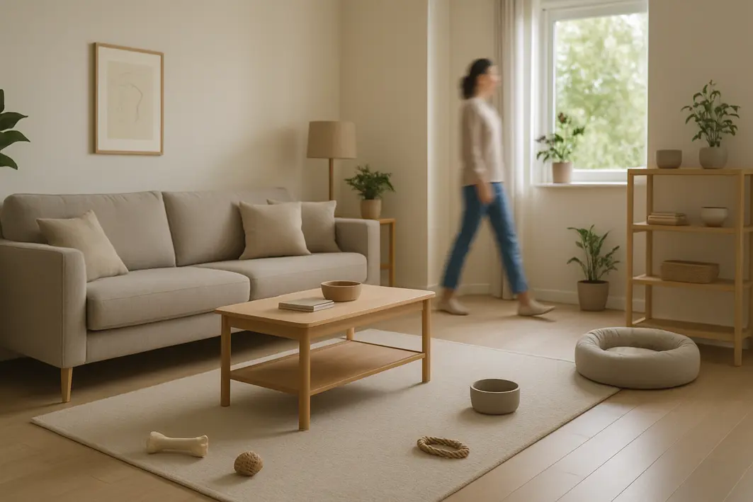 Sala de estar ampla com sofá resistente, tapete fácil de limpar, plantas naturais e brinquedos de pet organizados