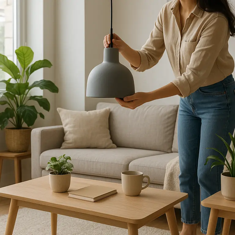 Mulher ajustando luminaria pendente moderna sobre mesa de centro minimalista em sala com decoracao em madeira clara e plantas verdes