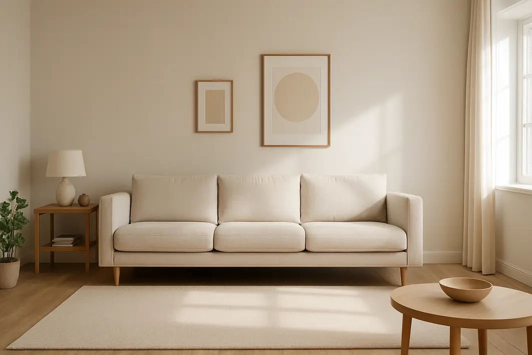 Sala de estar ampla com sofa moderno contra parede limpa e decoracao minimalista