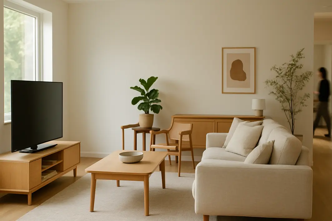 Sala de estar ampla com TV moderna posicionada lateralmente à janela grande sem cortinas, sofá confortável, tapete discreto e plantas decorativas
