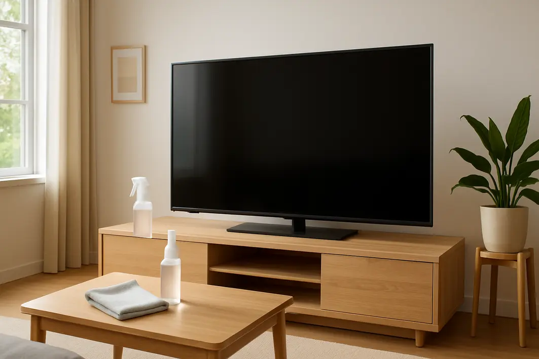 Sala de estar moderna com TV de tela plana limpa, pano de microfibra e frasco de solução de limpeza sobre mesa