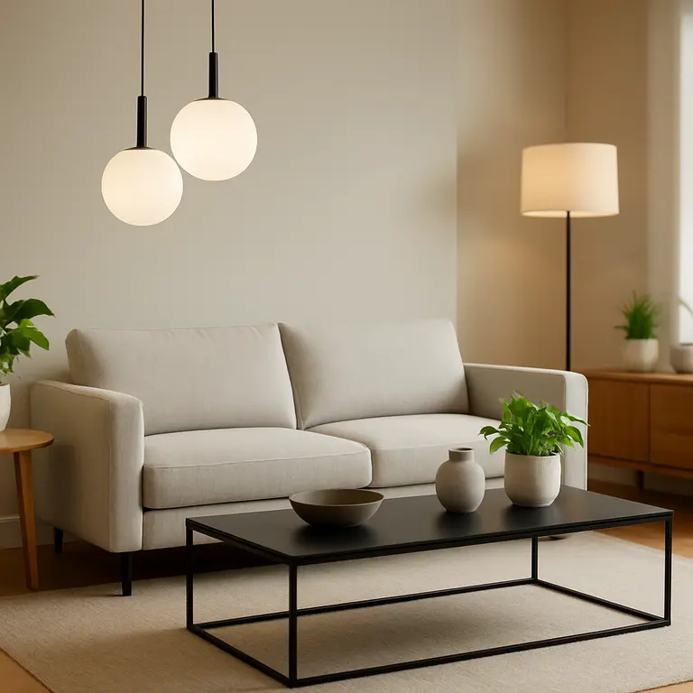 Sala funcional e moderna com móveis compactos e iluminação natural