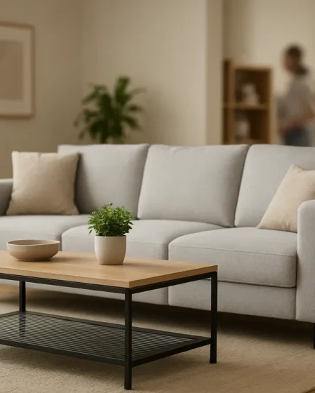 sala funcional moderna moveis iluminacao decoracao Sala funcional e moderna com sofá modular, mesa de centro, plantas verdes e detalhes em madeira clara e metal