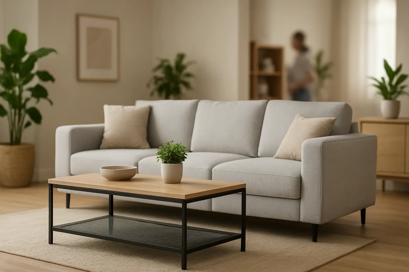 sala funcional moderna moveis iluminacao decoracao Sala funcional e moderna com sofá modular, mesa de centro, plantas verdes e detalhes em madeira clara e metal