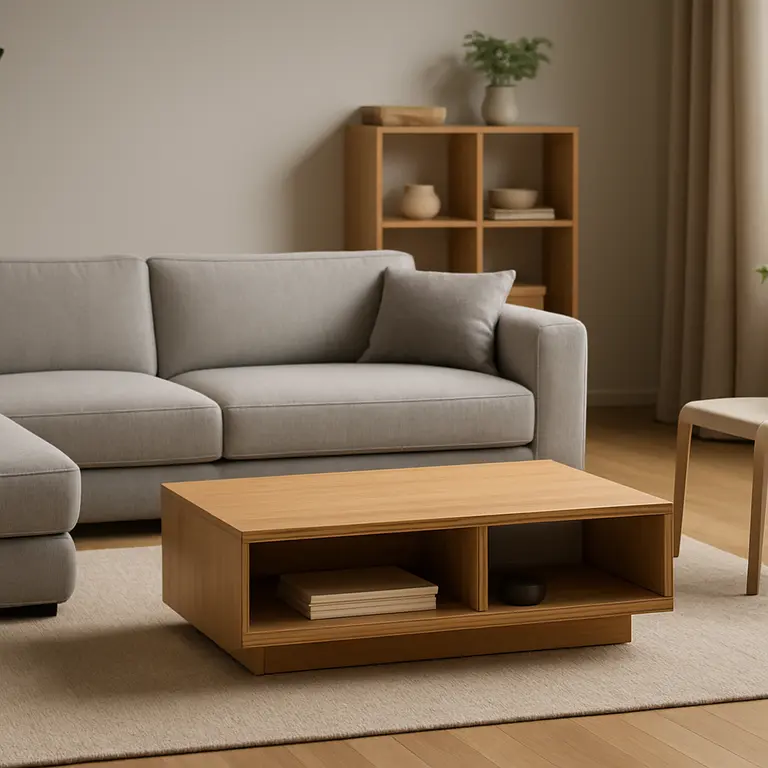 Sala de estar moderna e funcional com sofá modular neutro, mesa de centro com compartimentos internos e cadeiras leves empilháveis em ambiente organizado