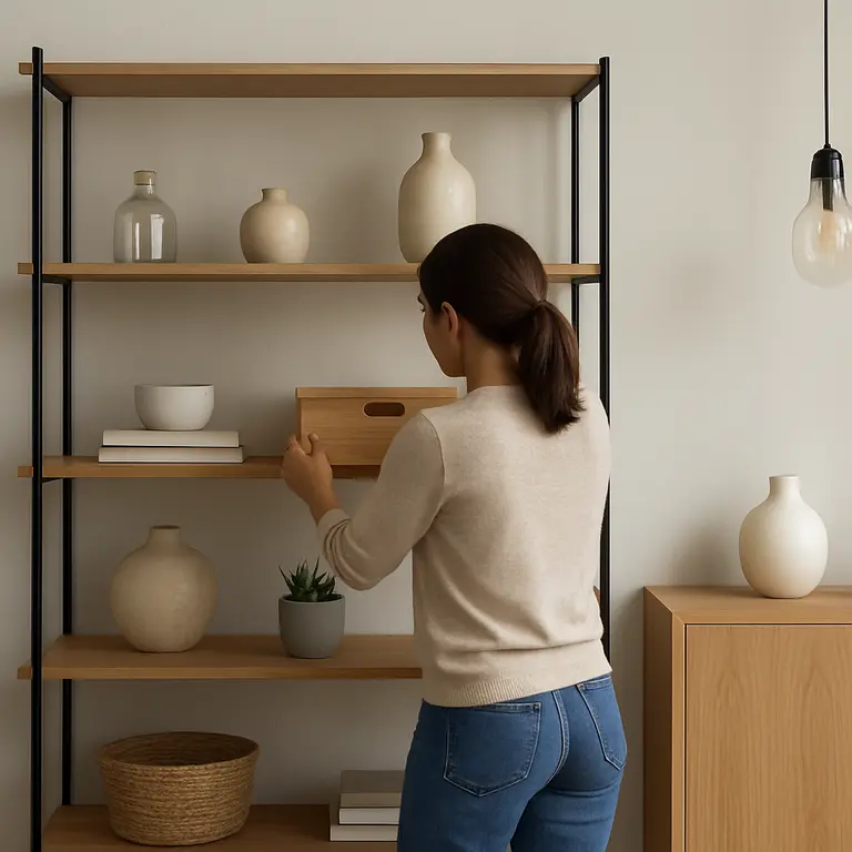 Pessoa organizando prateleiras modulares em sala funcional com móveis multifuncionais de madeira clara e metal e lâmpadas pendentes