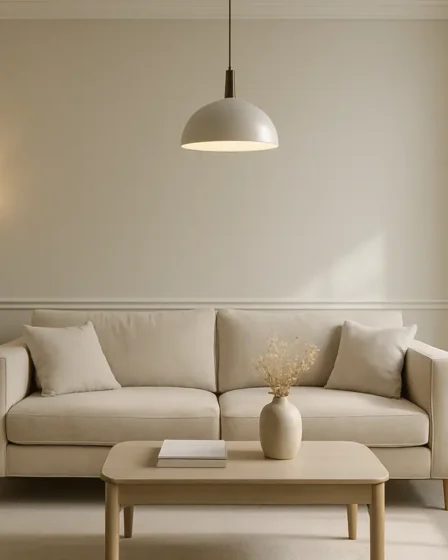 sala luxo decoracao economica Sala sofisticada com decoração de luxo acessível com sofá bege, móveis de madeira pintada acetinada e iluminação natural