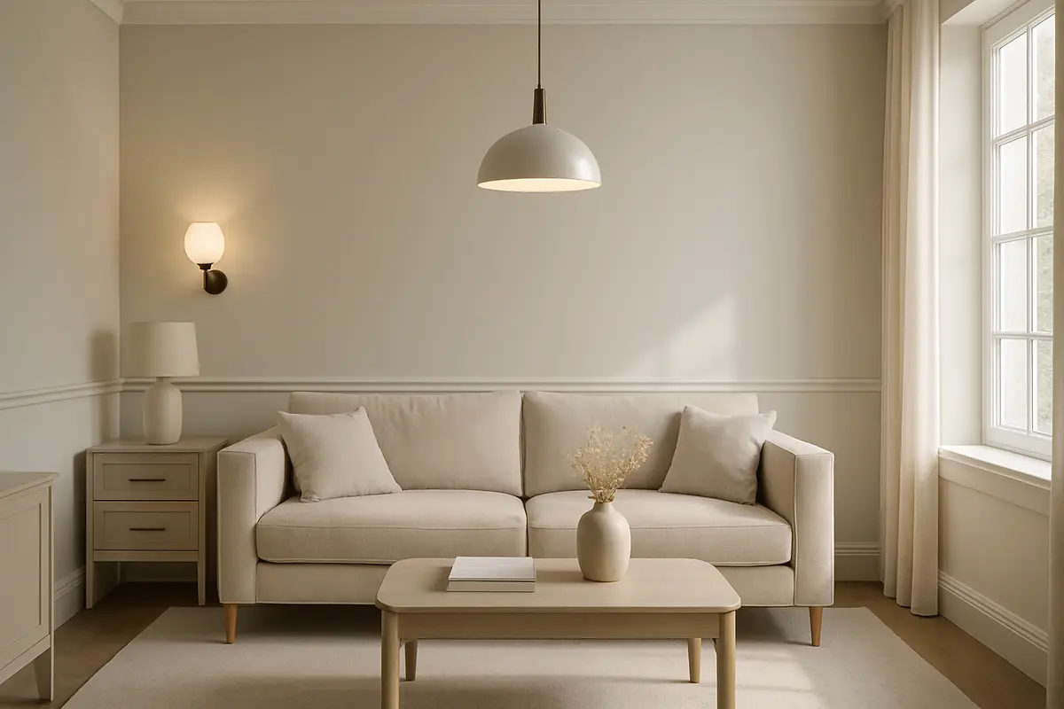 sala luxo decoracao economica Sala sofisticada com decoração de luxo acessível com sofá bege, móveis de madeira pintada acetinada e iluminação natural