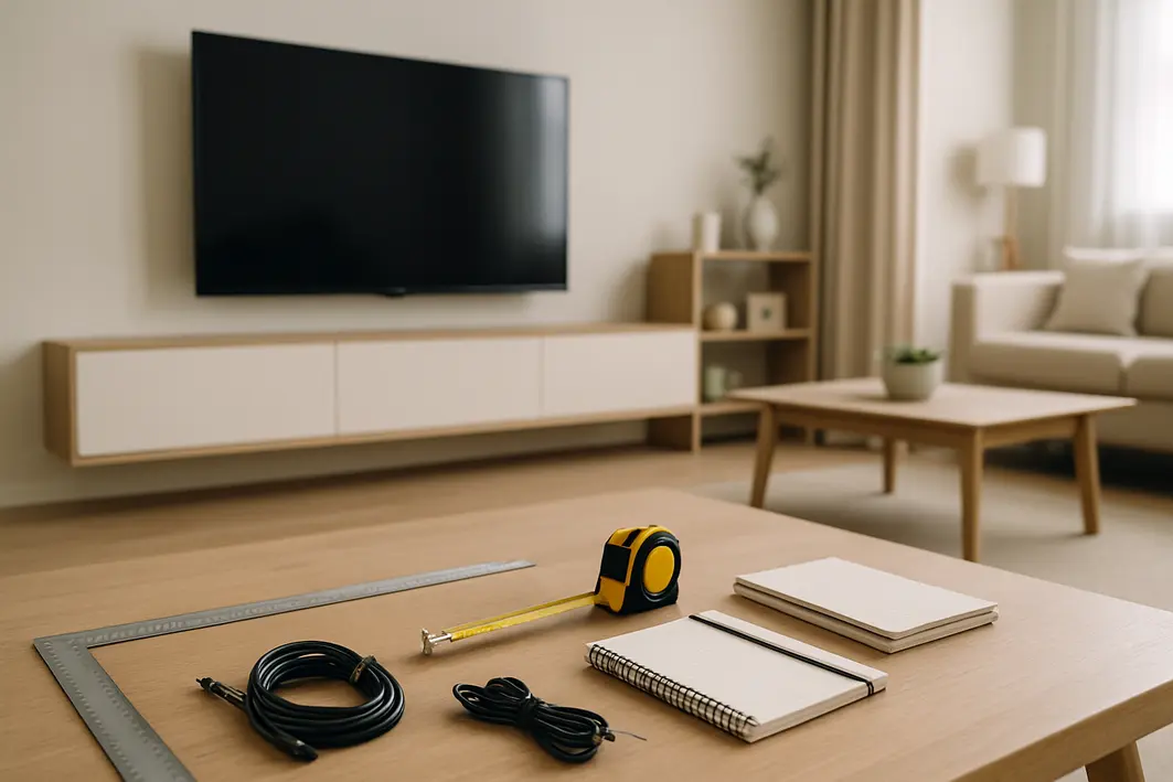 Sala de estar moderna com painel de TV montado, cabos organizados, régua de medidas e bloco de anotações em bancada clara