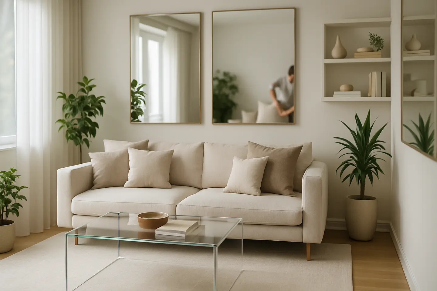 sala pequena contemporanea decorada ampliada Sala pequena contemporânea com sofá modular claro, mesa de centro transparente e grandes espelhos refletindo luz