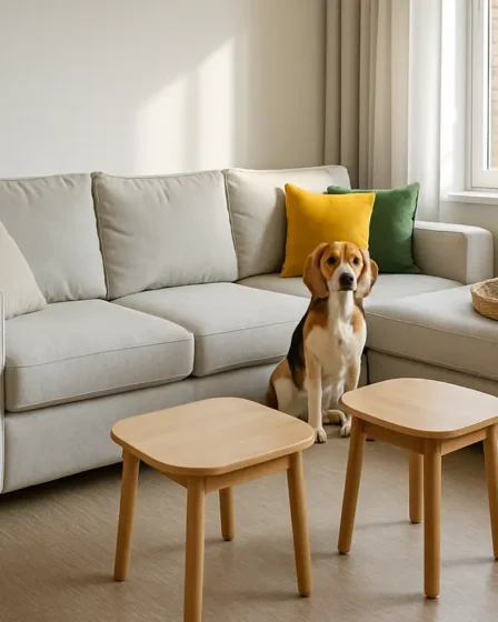 sala pet friendly decoracao pratica Sala sofisticada pet friendly com estofados de microfibra removíveis, piso vinílico antiderrapante, nichos embutidos e mesas laterais arredondadas iluminada por luz natural