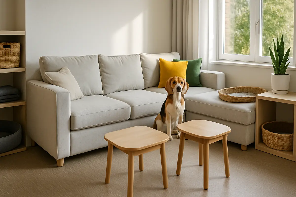 sala pet friendly decoracao pratica Sala sofisticada pet friendly com estofados de microfibra removíveis, piso vinílico antiderrapante, nichos embutidos e mesas laterais arredondadas iluminada por luz natural