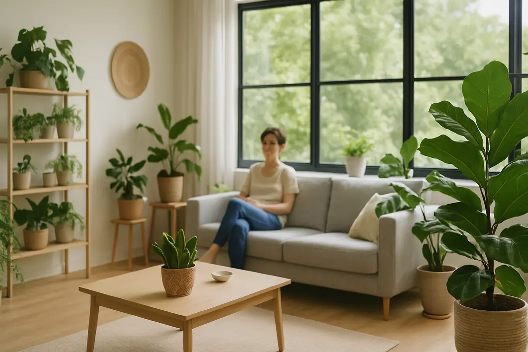 Sala de estar ampla com plantas purificadoras de ar em vasos sobre prateleiras, mesas e no chão com luz natural