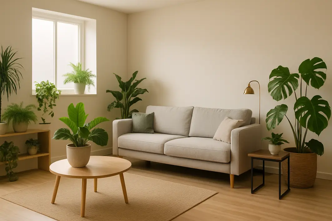 Sala de estar moderna com plantas de sombra em vasos variados distribuídos em diferentes alturas